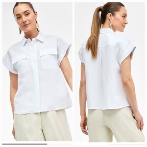 INC Womens Sz S Top Blouse White Linen Blend Short Sleeve Minimalist Cruise